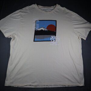 Vintage Japanese Anime Rising Sun Mountain Graphic Tee Beige Mens 3XL Streetwear